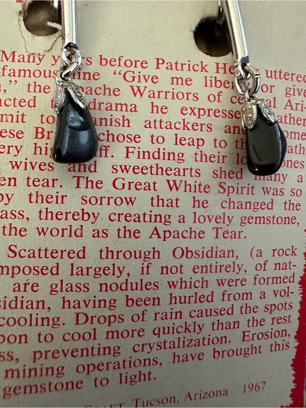Apache Tear Silver-Tone Dangle Earrings - Unbranded clip on - Picture 2 of 2